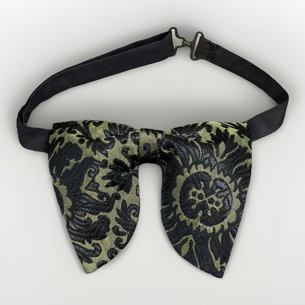 Handmade Oversized Green Black Brocade Bow tie Vintage style‎ 70`s Wedding Prom